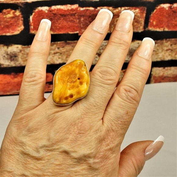 RAW BALTIC AMBER 925 SILVER RING 9.25, BUTTERSCOTCH EGG YOLK AMBER UNISEX RING - Picture 1 of 10